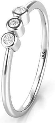 10K White Gold Bezel Set 3 Diamond Past Present Future Wedding Engagement Ring