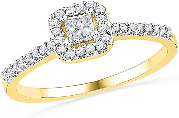 10k Yellow Gold Princess Cut Diamond Solitaire Square Halo Bridal Wedding Band Engagement Ring