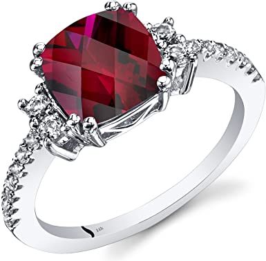 14K White Gold Created Ruby Ring Cushion Checkerboard Cut 3.00 Carats Sizes 5 to 9