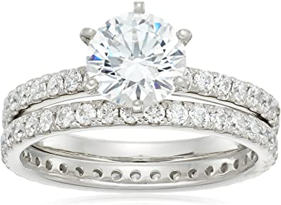 Amazon Collection Platinum or Gold Plated Sterling Silver Round Ring Set made with Infinite Elements Zirconia