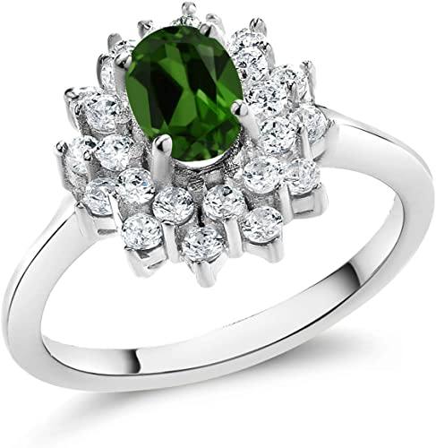 Gem Stone King 1.30 Ct Oval Green Chrome Diopside 925 Sterling Silver Flower Ring