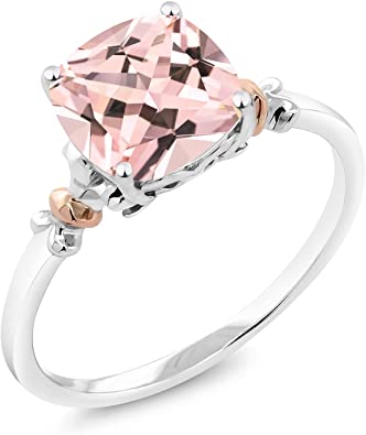 Gem Stone King 2.00 Ct Cushion Peach Nano Morganite 925 Sterling Silver and 10K Rose Gold Ring