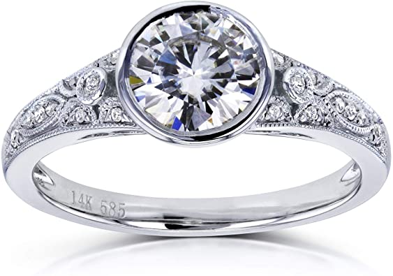 Kobelli Round Moissanite Bezel Vintage Style Engagement Ring 1 CTW in 14k White Gold