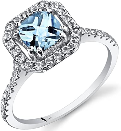 Peora Aquamarine Ring in 14K White Gold with Genuine White Topaz, Cushion Cut Halo Design, 1.13 Carats total, Comfort Fit, Sizes 5 to 9