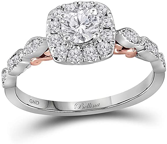 Solid 14k Two Tone White and Yellow Gold Round Diamond Solitaire Bridal Wedding Engagement Ring Band