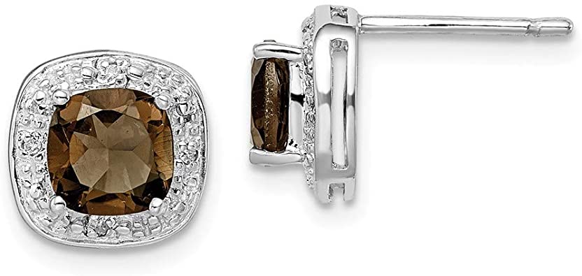 Solid 925 Sterling Silver Chocolate Brown Smoky Quartz and Diamond Post Studs Earrings 10mm
