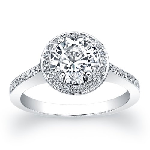 Women's round diamond halo ring with 4.00 carat white sapphire center plus 0.25 ctw diamonds