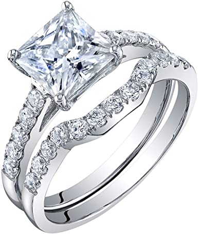 Peora Moissanite Princess Cut Engagement Ring and Wedding Band Bridal Set in Sterling Silver, 2 Carat Center, DE Color, VVS Clarity, Sizes 4 to 10